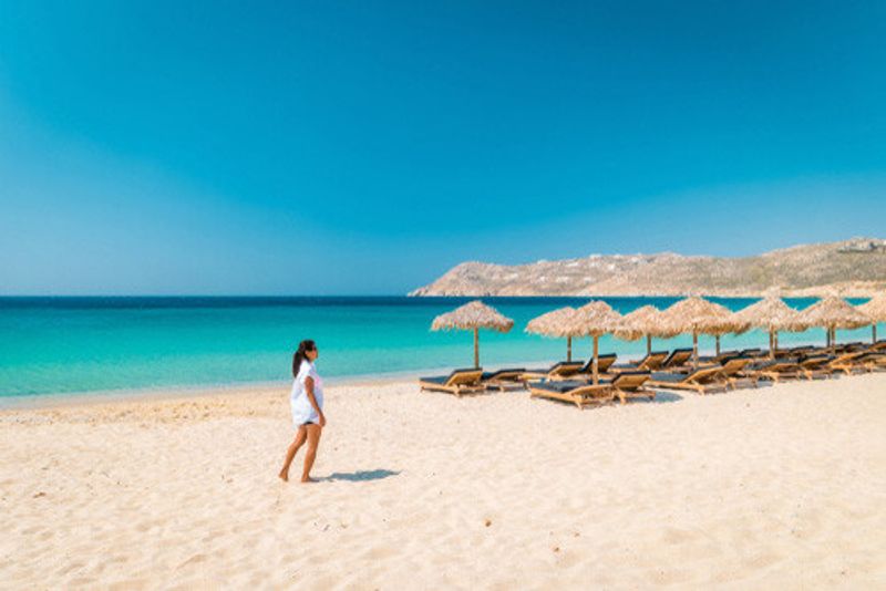 The picturesque Mykonos Beach, Greece.