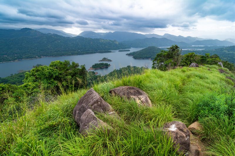 Wonderful view of Knuckles Mountain Range and Victoria Reservoir near Kandy, Sri Lanka.