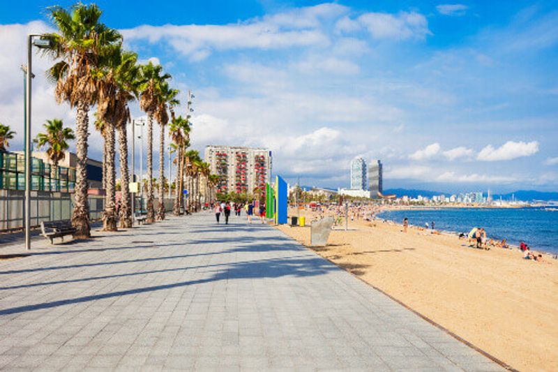 Playa de la Barceloneta beach in the centre of Barcelona, Spain.