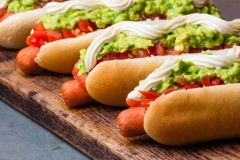 The Chilean Completo Italiano hotdog with tomato, avocado and mayonnaise.