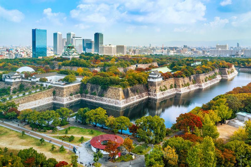 An aerial view of Osaka Castle and surrounds.