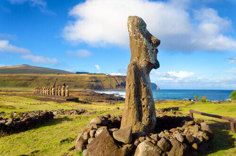The famous Moai statues on Easter Island, Ahu Tongariki, Chile.