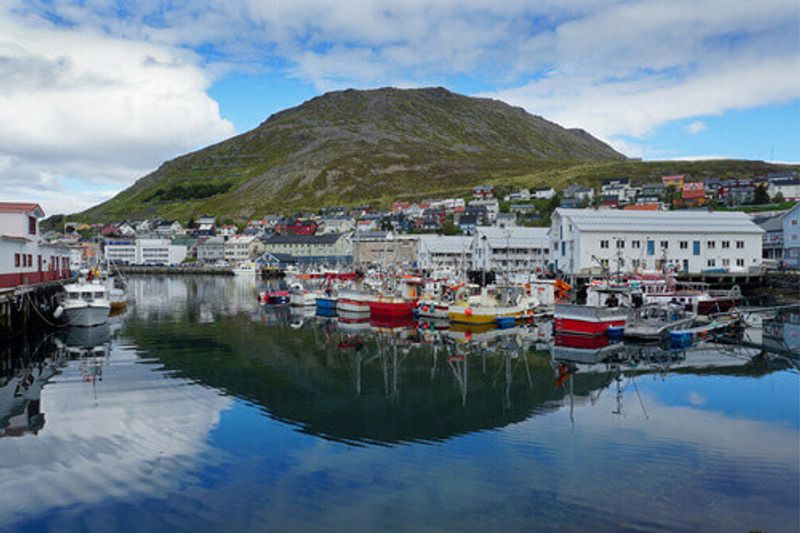 The picturesque Port of Honningsvag in Honningsvag, Norway.