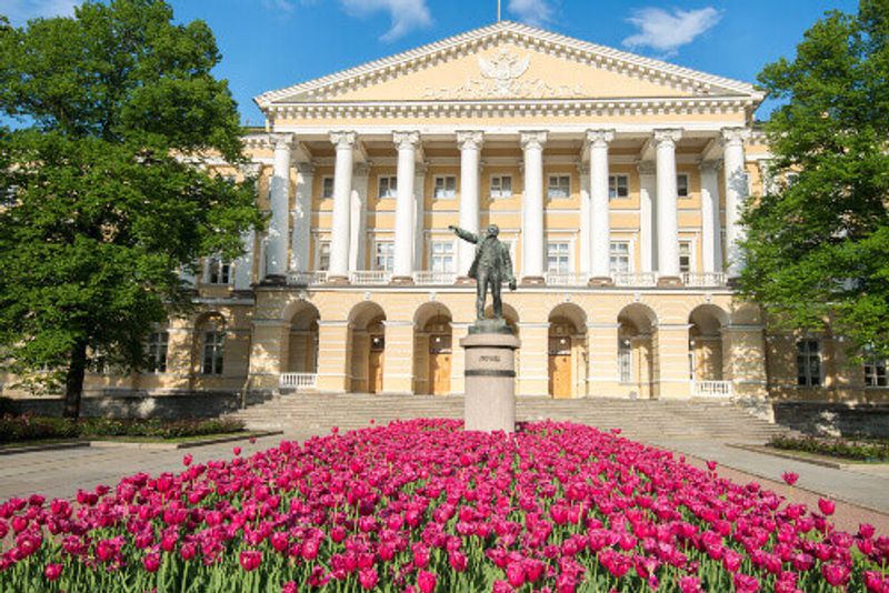 The facade of the Smolny Institute in Saint Petersburg.