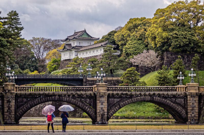 Two young ladies with umbrellas admire the striking Imperial Palace in Tokyo, Japan.