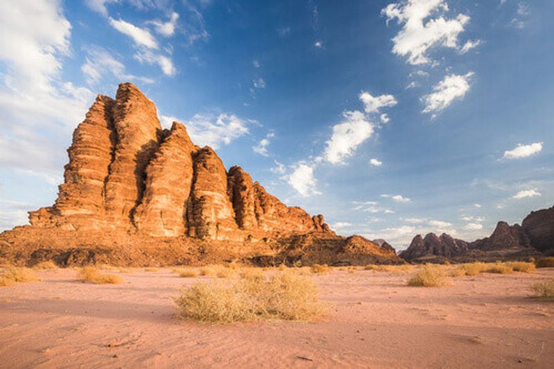 The natural rock formation known as the Seven Pillars of Wisdom in Wadi Rum, Jordan.