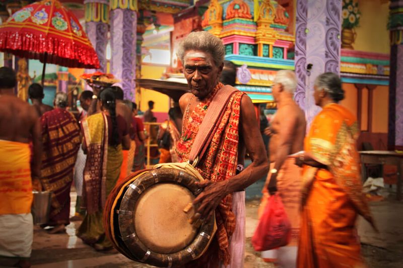 Drum player at a colourful Hindu festival in Nainativu Nagapooshani Amman Temple in Sri Lanka
