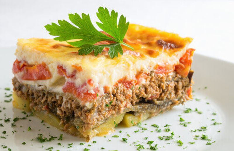 Layered Greek moussaka with beshamel