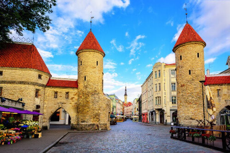 The twin towers of the Viru Gate in the old town of Tallinn.