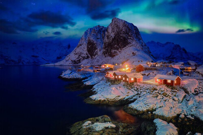 Hamnoy fishing village with red rorbu houses on Lofoten Islands, Norway.