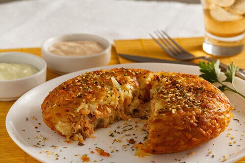 Swiss potato rosti cut in half on a table in Switzerland