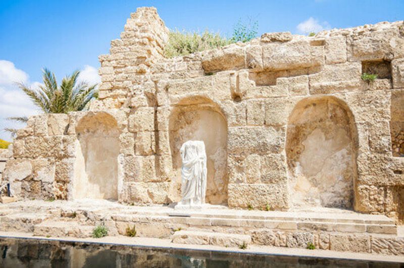 Ancient podium of the Roman Temple inside the Caesarea National Park in Caesarea, Israel.