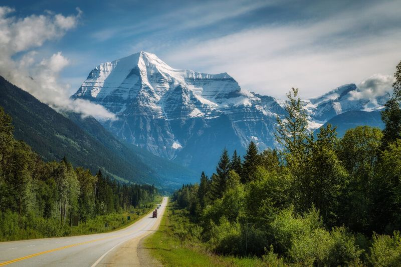 The scenic Yellowhead Highway overlooking the tall expanse of Mount Robson.