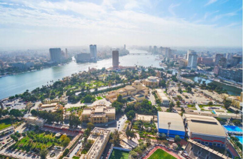 Aerial view of Gezira Island with the Opera House and museums and the banks of Nile River in the background.