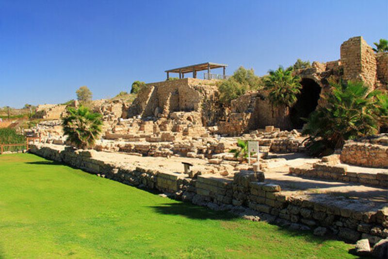 Ruins in the Caesarea Maritima National Park in Caesarea, Israel.