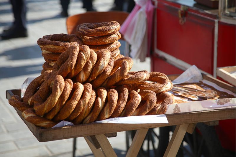 Simit is a Turkish bagel with sesame, featured here in Istanbul.