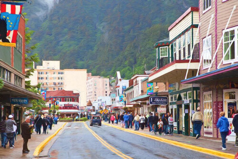 A bustling main street in downtown Juneau.