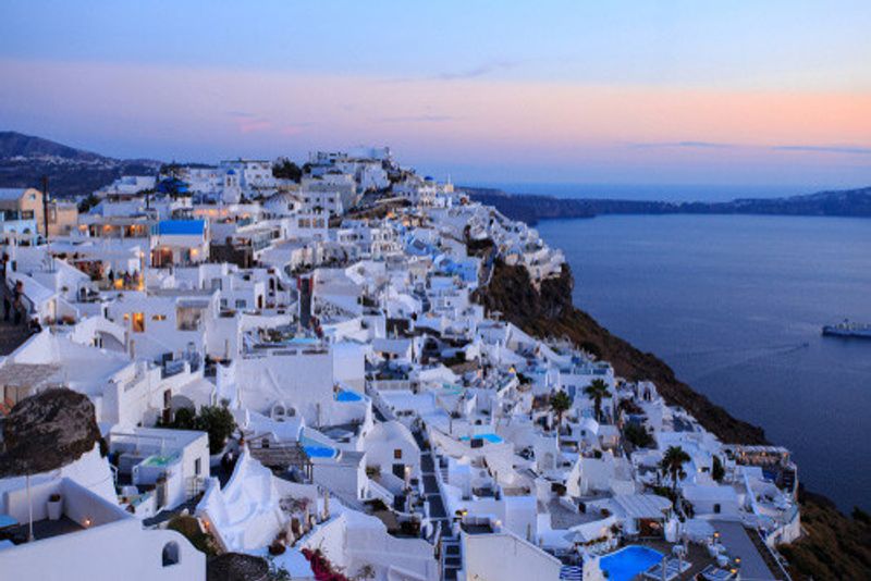 Caldera in Santorini at sunset in Greece.