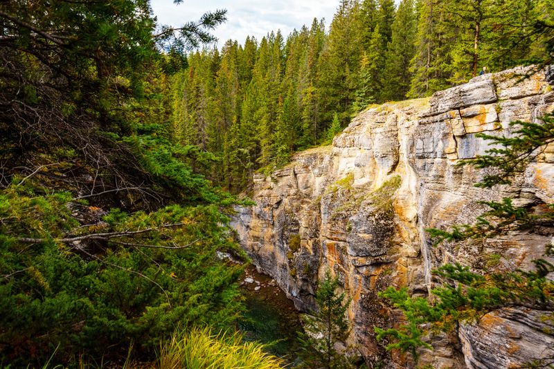 The depth of the Maligne Canyon with the Maligne River below.