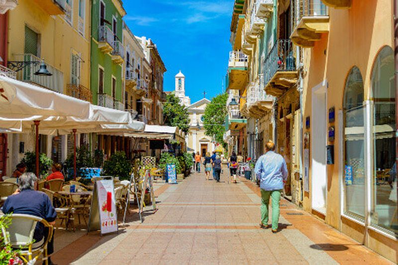 View of the old village with shops and restaurants in Carloforte, on the Island of San Pietro.