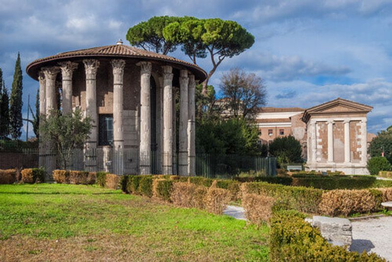The ancient Roman temples of Hercules Victor and Portunus in the Forum Boarium Square in the historic centre of Rome.