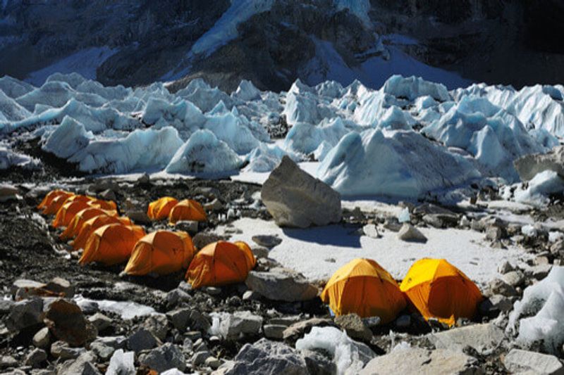 Tents line the Everest Base Camp, Nepal.