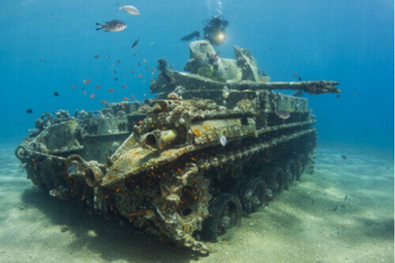 A tank underwater in the Red Sea of Aqaba, Jordan.