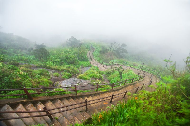 Walkway down the Sri Pada or Adams Peak during a foggy day.