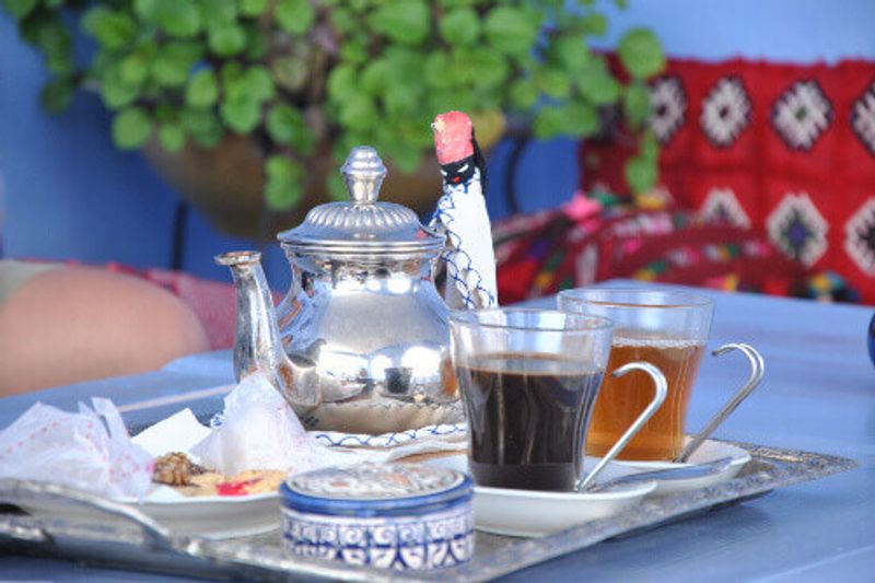 An ornate Chefchaouen tea and coffee set.