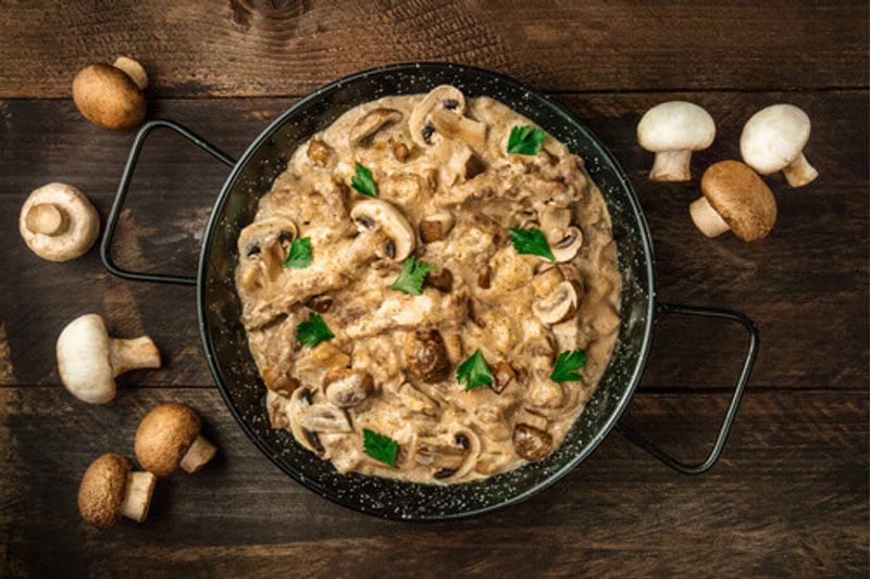 A Russian staple, Mushroom Beef Stroganoff, with cremini and champignons is a hearty meal.