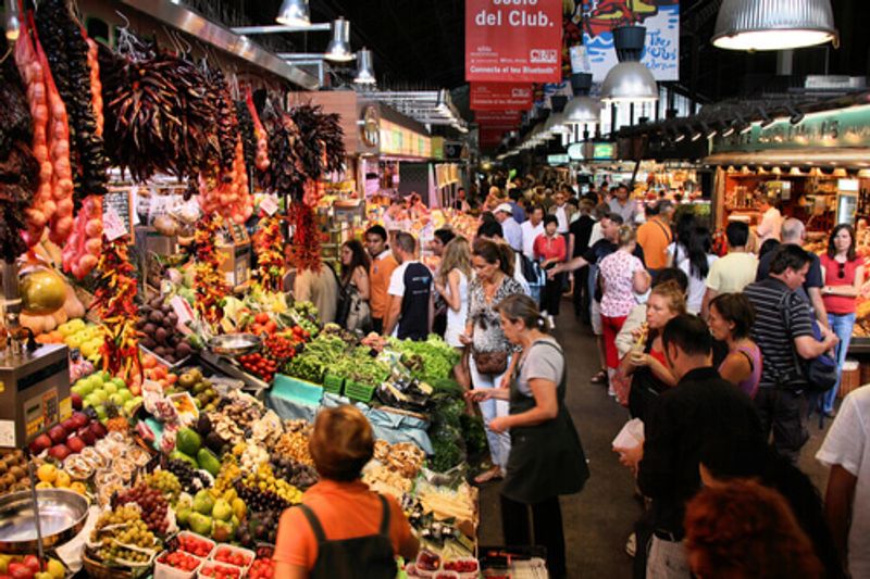 Colourful wares on sale in the markets of Barcelona, Spain.