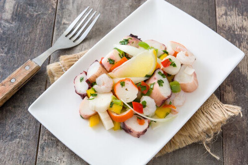 Traditional seafood ceviche or seafood salad from Peru.