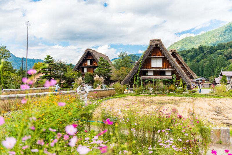 Traditional Edo period Minka style cottage house with view of dense forest in Takayama, Japan