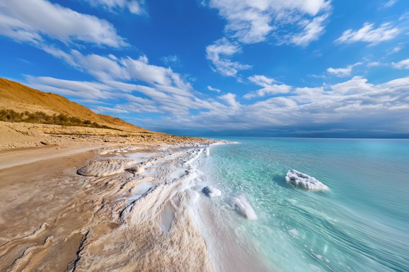 Crystalline salt formations on the Jordanian shoreline of the Dead Sea, one of the country’s most unique and ancient natural landmarks