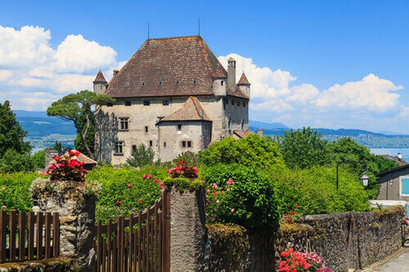 A quaint, historic medieval village, the Chateau de Yvoire in Yvoire, Switzerland.