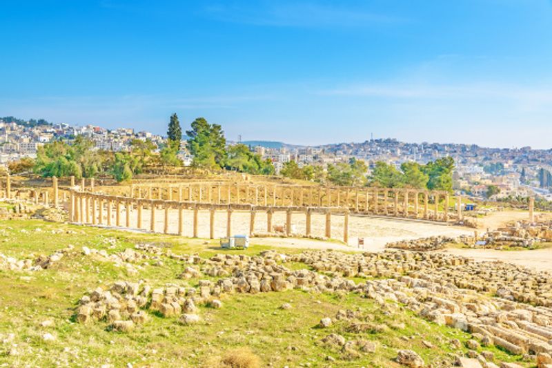 The Oval Forum and Cardo Maximus in ancient Jerash, Jordan.