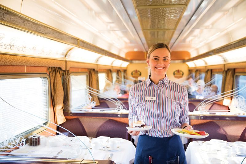 For those in Gold service, meals are served in the Queen Adelaide Restaurant carriage. Credit: Journey Beyond