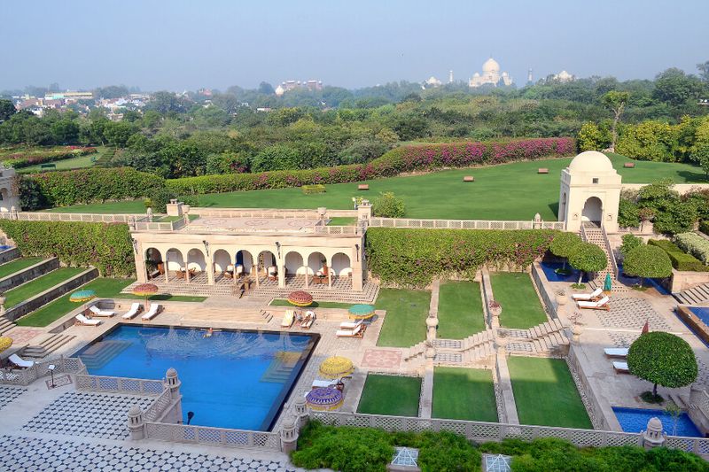 he Taj Mahal as seen from the Oberoi Amarvillas Resort and Spa.