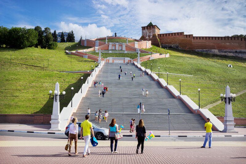 The famed Chkalov Staircase and tourists in Nizhny Novgorod.