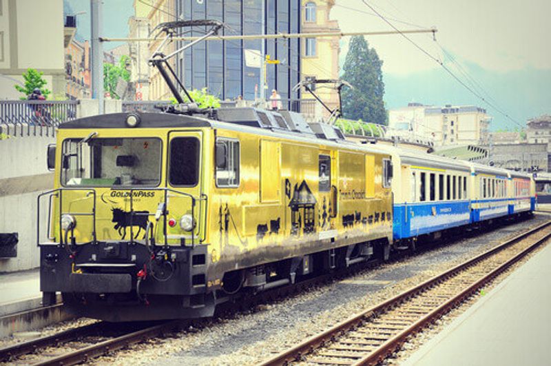 The Chocolate Express Train stands at Montreux Station in Montreux, Switzerland.