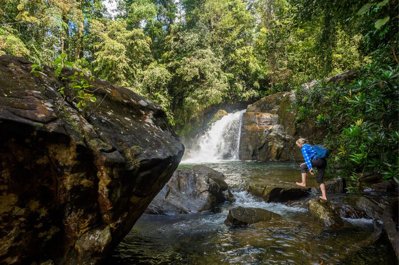 Tourist near the lush waterfall in the Sinharaja Forest Reserve in Sri Lanka