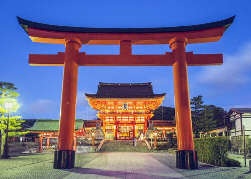 The Romon Gate at night in Fushimi Inari, Kyoto.