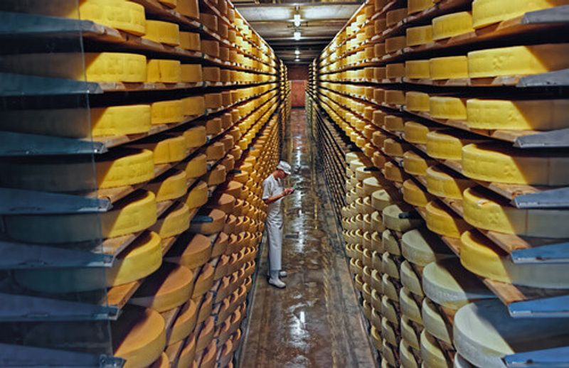 Row upon row of cheese left to mature in a cellar of Maison du Gruyere cheese dairy in Gruyere, Switzerland.