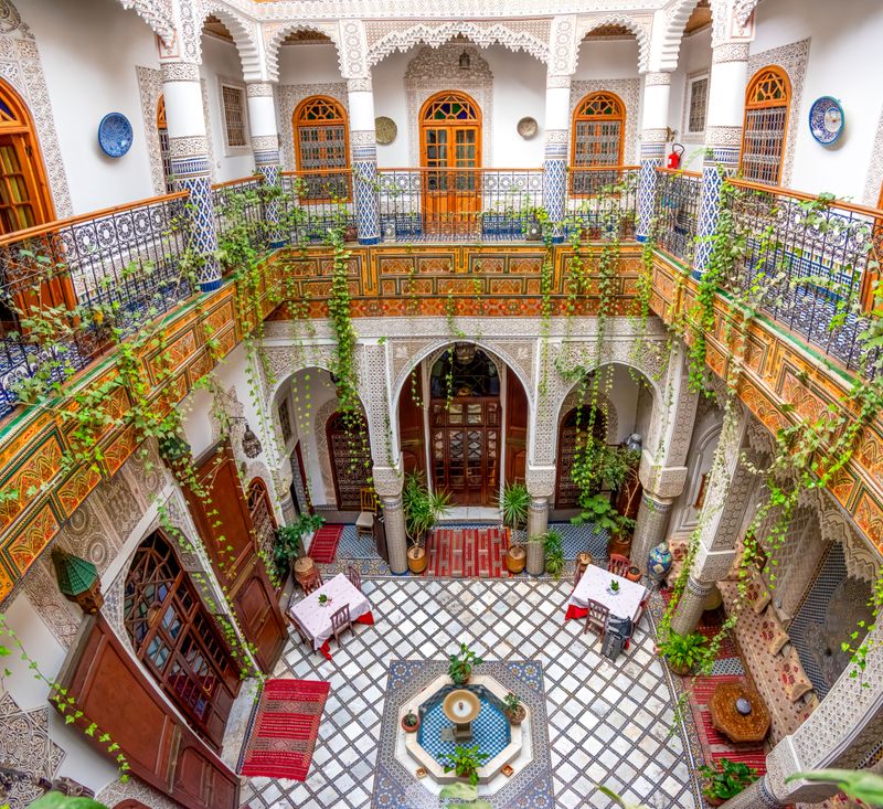 Interior courtyard of a traditional Moroccan riad, a peaceful and safe place to stay.