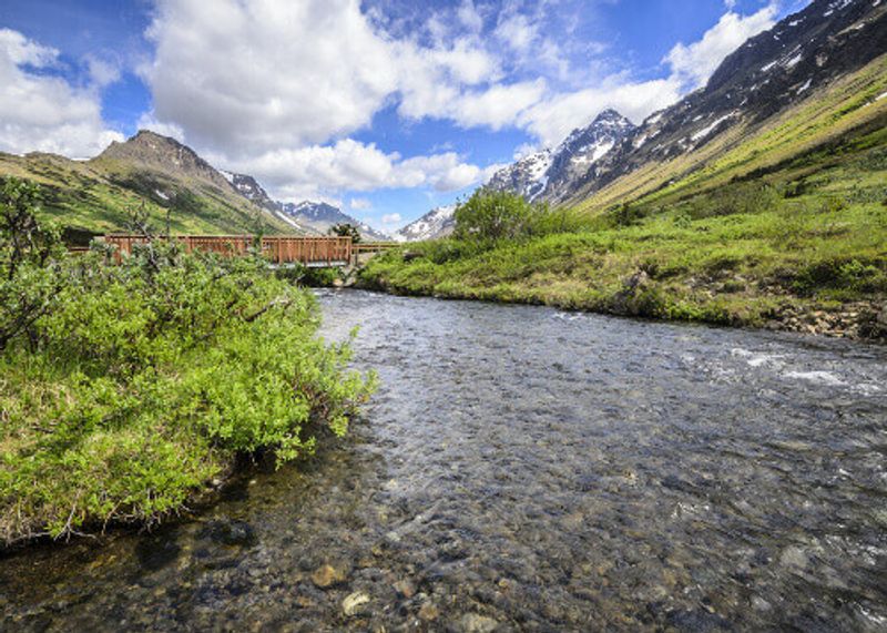 The bridge over a creek at Chugach State Park in Anchorage.