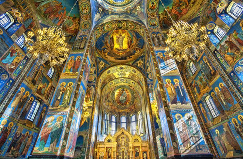 The interior of the Church of the Savior on Spilled Blood is an architectural landmark and monument to Alexander II.