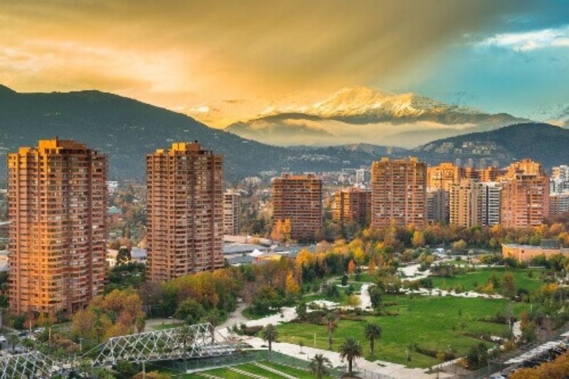 A view of John Paul II Park in the Las Condes district and the footbridge connecting to Araucano park in Santiago, Chile.