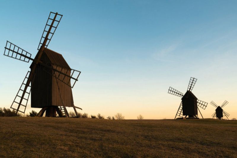 Quaint wooden windmills in Oland.