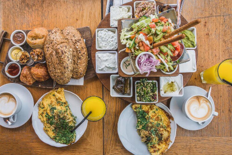 A delicious Mediterranean breakfast in the port of Tel-Aviv, Israel