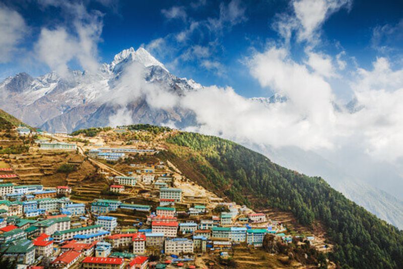 An aerial view of the colourful Namche Bazaar, Nepal.